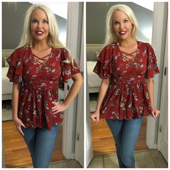 ❤️LAST 1! Rust Criss Cross Ruffle Peplum Top! - Picture 2 of 6